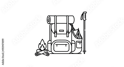 Minimalist camping backpack with gear flat illustration isolated on white background