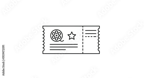 Minimalist black line drawing of a movie ticket icon symbol isolated on white background