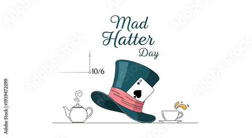 Mad Hatters Hat with Tea Set Illustration.
