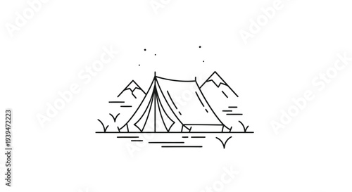 Minimalist camping tent illustration in flat design with mountains isolated on white background