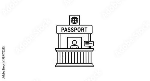 Minimalist passport control booth icon with globe symbol flat illustration isolated on white background