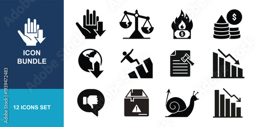 A collection of twelve black and white icons represents various concepts including finance, decline, and legal matters on a divided background.
