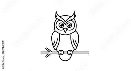 Minimalist black line art owl sitting on branch flat illustration isolated on white background