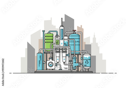 Modern Industrial Water Treatment Plant Facility Equipment and Infrastructure Against City Buildings Background Flat Design Style