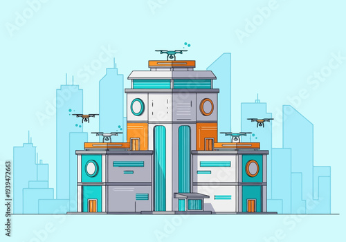 Modern Building Facade With Drones Flying Overhead Over City Skyline Background Flat Design