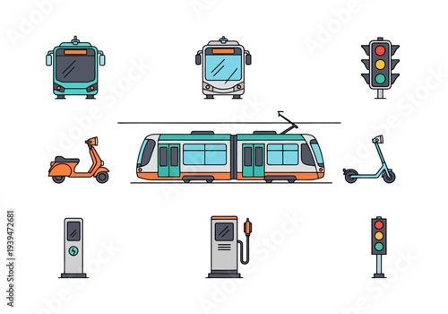 Collection of diverse urban transportation modes including electric scooters buses trams and charging stations for sustainable city travel mobility