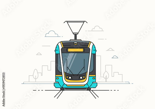 Modern Electric Tram Transport Vehicle Moving Forward On Rails With Cityscape Background Urban Commute Public Transportation Concept Flat Design Style