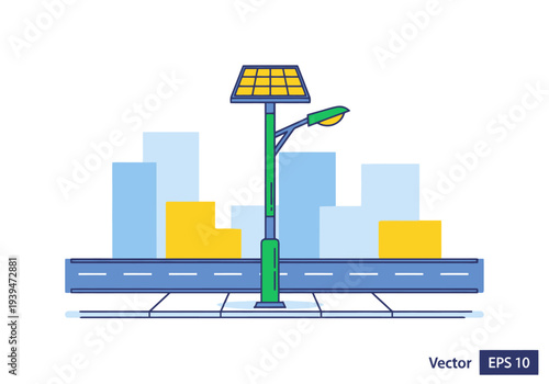 Modern city streetlamp powered by solar energy panel on a pole illuminates urban landscape with futuristic buildings in background promoting