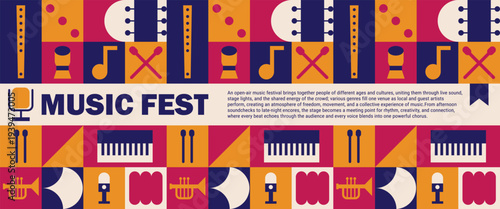 Mosaic fest guitar with festival drum poster for music pattern geometric.
