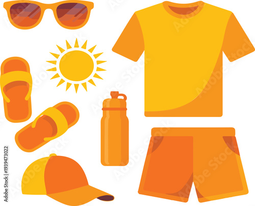 Flat Lay Collection of Essential Summer Vacation Clothing and Accessories Including Sunglasses, Hats, Flip Flops, and Beachwear
