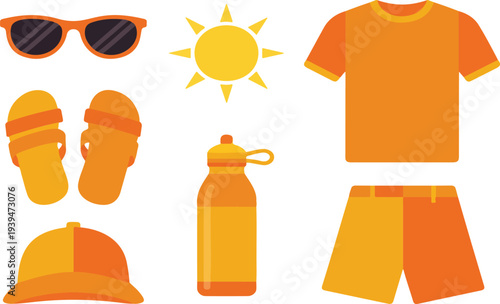 Flat Lay Collection of Essential Summer Vacation Clothing and Accessories Including Sunglasses, Hats, Flip Flops, and Beachwear