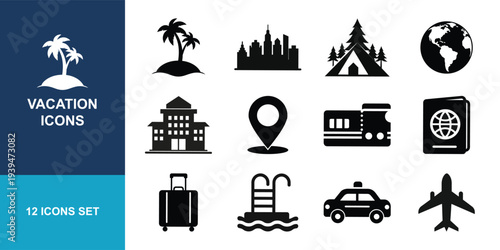 Vacation travel planning silhouette icon set bundle