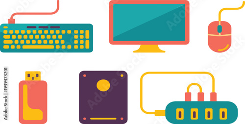 Colorful Collection of Essential Computer Hardware Peripherals and Data Storage Devices Including Keyboards, Mice, External Drives, and Cables