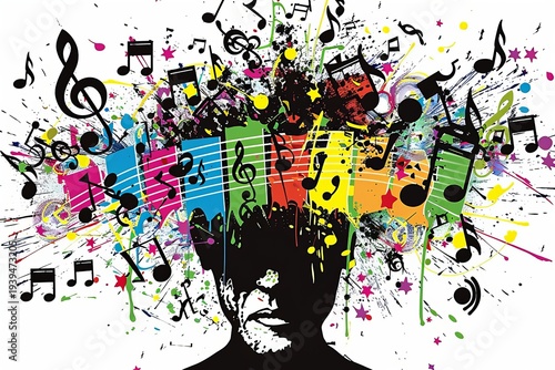 Creative mind music explosion, vibrant artistic expression illustration