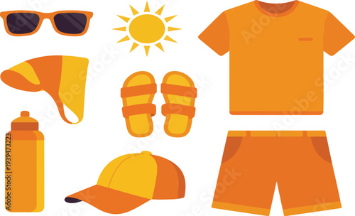 Flat Lay Collection of Essential Summer Vacation Clothing and Accessories Including Sunglasses, Hats, Flip Flops, and Beachwear