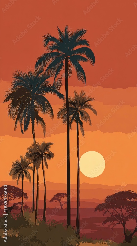 Obraz premium African Savannah Sunset with Palm Trees Silhouette