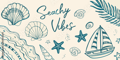 Seachy vibes illustration with shells sailboat and ocean elements