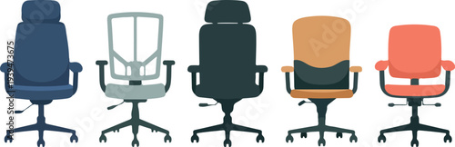 Set of Modern Office Chairs in Side Profile and Back View Rendered in Clean Flat Vector Style with Solid Colors and Minimalist White Background