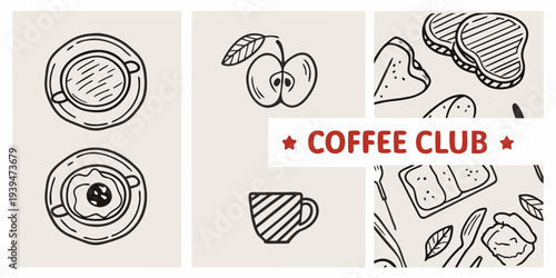 Line art illustrations of breakfast items and coffee with text