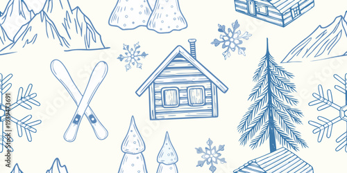 Winter scene featuring a cabin skis and snowy mountain illustrations