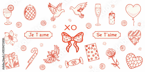 Romantic doodles and valentine s day elements in a pink color scheme