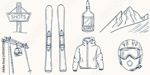 Skiing equipment and mountainous landscape in a sketched style illustration