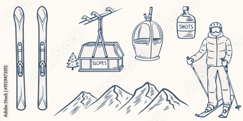 Winter sports equipment and a scenic mountain landscape sketch