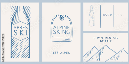 Alpine skiing promotional design with champagne and mountain motifs