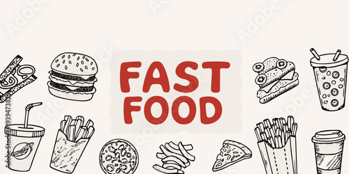 A colorful illustration showcasing various fast food items and the text fast food
