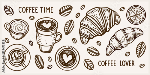 A charming illustration featuring coffee croissants and citrus slices