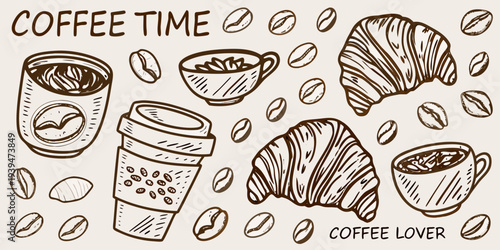 A charming illustration of coffee croissants and coffee beans