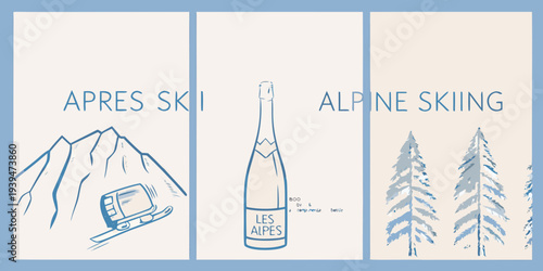 Apr s ski and alpine skiing themed design with bottle and mountains