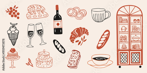 Stylized illustration of food drink and dining room elements