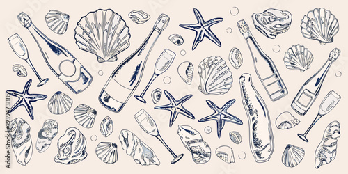Vintage style illustration of seashells starfish and champagne bottles