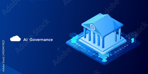 Isometric illustration depicting ai governance and futuristic building design