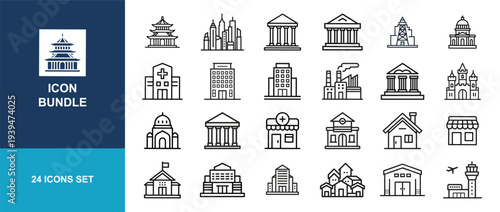 A large compilation of monochrome line icons depicting various types of global architecture including temples, banks, factories, and residential buildings.