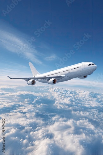 Commercial airplane flying above clouds in blue sky