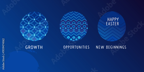 Abstract blue background with easter themed text and geometric patterns