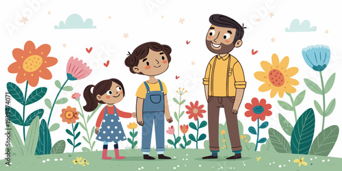 Happy family enjoying quality time together in a beautiful garden in flat vector illustration for any design needs
