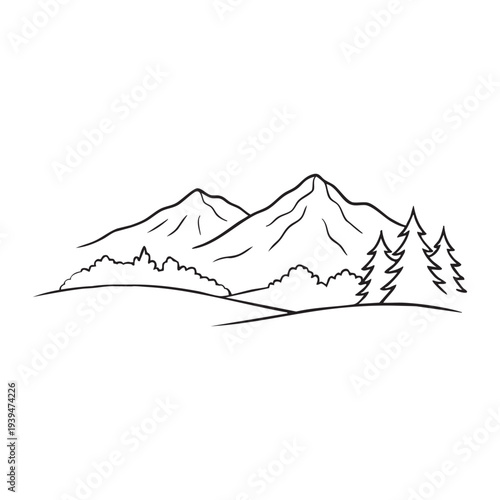 Landscape with mountains and trees vector illustration.