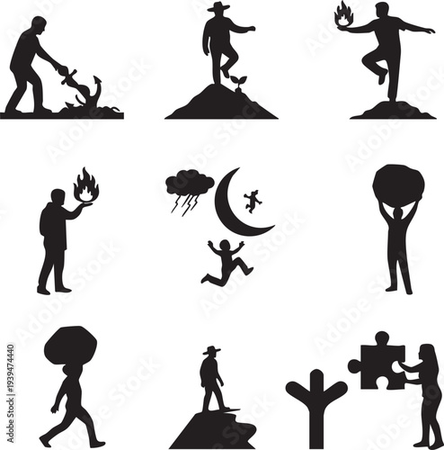 Silhouette Symbols: An assortment of silhouette figures in dynamic poses, each one embodying various concepts and ideas. Perfect for use in design projects related to business, strategy.