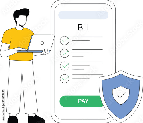 Man paying bill online with laptop and secure payment shield