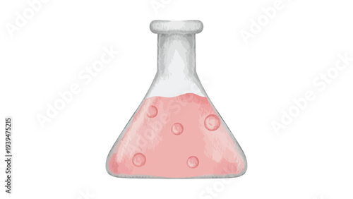 A pink liquid-filled laboratory flask with bubbles rising through the solution
