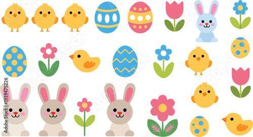 Set of 30 Easter icons vector, including bunnies, chicks, eggs, flowers
