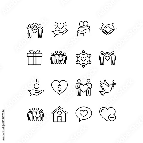 Charity, peace, donation, and community support line icon set. Vector symbols of volunteering, empathy, and care.