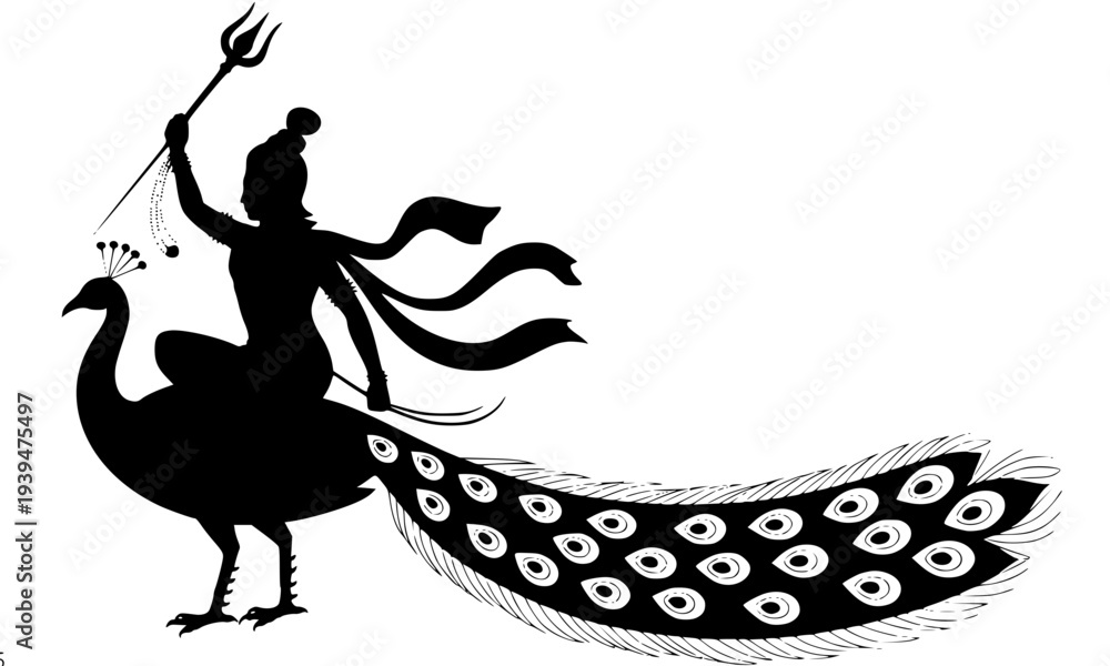 Fototapeta premium An elegant black silhouette illustration of Hindu deity Lord Kartikeya Murugan riding a sacred peacock and holding a divine spear, isolated on white background, perfect for religious