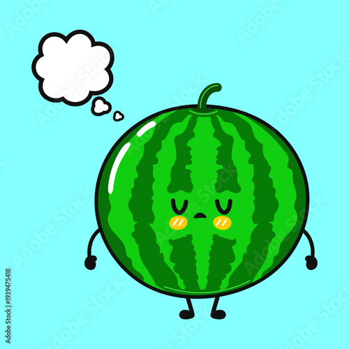 Sad cute watermelon cartoon character thinking