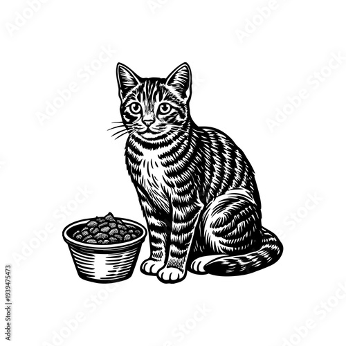 Black and white woodcut style illustration of a tabby cat sitting next to a bowl of dry food, looking forward.