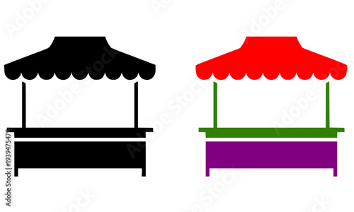 A vibrant set of three market stall kiosk illustrations featuring a black silhouette and colorful versions with striped awnings, isolated on white background