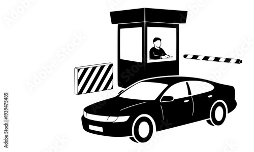 Black and white illustration of a car at security checkpoint with guard booth and barrier gate for parking, border control and access control themed graphic design